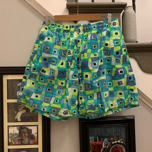 OP Blue & Green Nylon Print Swim Trunks sz M